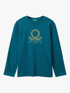 Детская хлопковая футболка с длинным рукавом и принтом логотипа Benetton, Blue