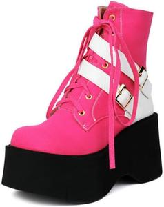 Женские ботильоны с круглым носком, на платформе, в стиле боевых ботинок с высоким клиновидным каблуком, джинсовым ремнем, шнуровкой и массивным каблуком, байкерские ботинки Generic, Pink