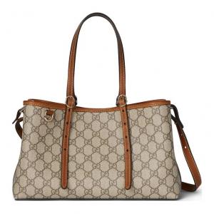 Эмблемированная матерчатая маленькая сумка-шоппер через плечо женская коричневая GUCCI