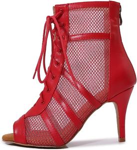 Женские модные сетчатые джазовые ботинки JXUZY, короткие латинские танцевальные туфли с открытым носком и шнуровкой, римские ботильоны Generic, Red/8.5Cm Heel