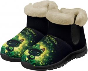 Зимние ботинки UNICEU для женщин с теплой искусственной меховой подкладкой, мягкие уютные пушистые ботильоны, рождественские снежные ботинки, Happy St Patrick Day Black Cat