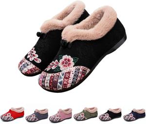 Женские теплые зимние ботильоны с цветочной вышивкой - уютные плюшевые ботинки до щиколотки с противоскользящей подошвой, легкая повседневная обувь с удобной посадкой Generic, Black