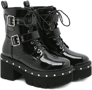 CTKVbmeoi Ботильоны на толстом каблуке из ПУ-кожи в стиле гранж панк - готические черные ботинки на танкетке с металлической цепочкой, удобные короткие ботинки на платформе для женщин