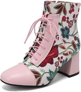 Женские ботильоны MFairy с высоким массивным каблуком, на шнуровке и застежке-молнии, с цветочным принтом, элегантные ботинки, Pink