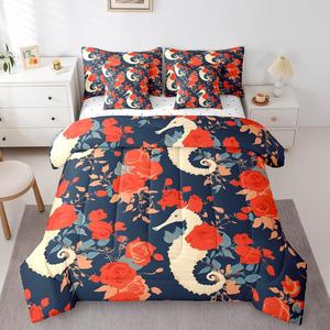 Erosebridal Комплект постельного белья Seahorse для детей с океанским принтом животных и красными розами, мягкий, Red Beige