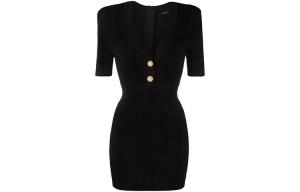 Риб-трикотажное платье с коротким рукавом BALMAIN, черное