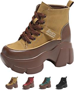 Женские кожаные ботильоны на платформе с бархатной подкладкой, шнуровкой, повседневные ботинки, модные и удобные, средней высоты, с толстой подошвой, для ходьбы и боевые ботинки Generic, Yellow