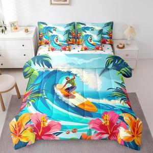 Erosebridal Комплект постельного белья Surfing 7 Piece с принтом пальмовых листьев и морских волн, Blue Pink Green