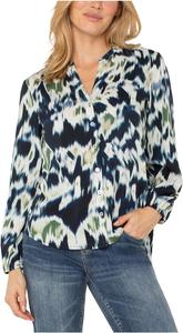 Женская блузка с длинным рукавом, застегивающаяся на пуговицы спереди, с присборенным плетением Liverpool Los Angeles, Navy Multi Ikat