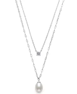 Ожерелье из культивированного пресноводного белого жемчуга (8-9 мм) и выращенных в лаборатории сапфиров из стерлингового серебра Belle De Mer, white