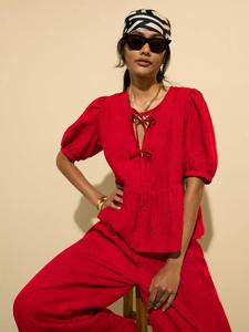 Marylinn блузка с пышными рукавами и деталью-галстуком из льна Baukjen