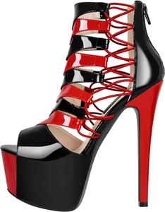 Ботильоны VERISSON с открытым носком на платформе, сзади на молнии, двухцветные, на шпильке, из лаковой кожи, весенние, Black/Red