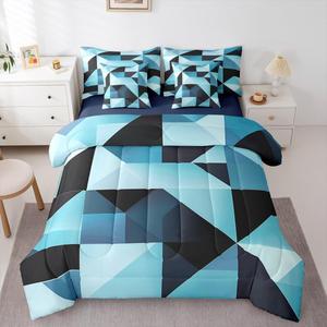 Erosebridal Комплект постельного белья Blue Black Triangles с геометрическим принтом, включает пододеяльник, простыни и наволочки, современный минималистичный дизайн, Blue Black