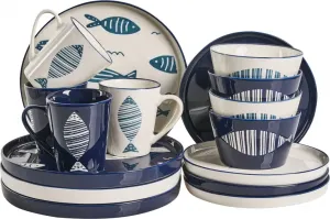 Набор столовых приборов BELIANI из 16 предметов, белый/синий, фарфор, ручная работа, реактивная глазурь, на 4 персоны, мотив рыбы, кухня/столовая Beliani