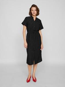 Длинное платье Vila Kurze Ärmel Geknöpfte Vorderseite Taillengürtel, черный