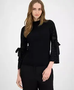 Женский топ с декоративными бантами на рукавах и круглым вырезом Anne Klein, черный