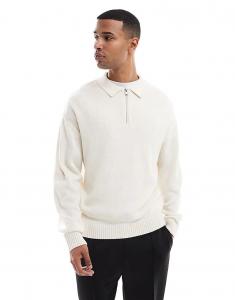 Трикотажное поло Jack & Jones большого размера с четвертной молнией кремового цвета