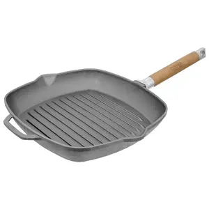 Чугунная сковорода-гриль, сковорода для стейков, сковорода для жарки, деревянная ручка (съемная), 24 см, совместима с индукционной плитой Biol