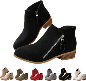Женские комфортные ботильоны для ходьбы - низкий каблук, застежка-молния, ортопедическая поддержка свода, ботильоны с зауженным носком и грубым низким каблуком из замши Generic, Black
