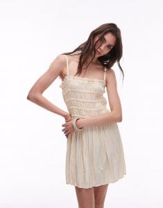 Мини-платье с гофрированной юбкой и присборенным бюстом, натурального цвета Topshop