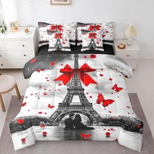Erosebridal Комплект постельного белья Eiffel Tower с романтичным принтом бабочек и бантов в красных тонах, Black Red