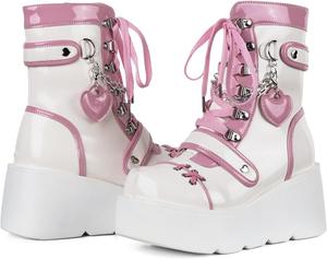 Платформенные ботильоны для женщин Готические рэйв-бутсы с массивным высоким каблуком, шнуровкой, панк-мотоциклетные ботинки с цепочкой Generic, Pink