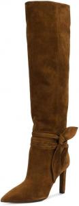 Женские элегантные сапоги FSJ с заостренным закрытым носком, до колена, на среднем каблуке, из искусственной замши, с бантиками, размер 4-15 US, Brown