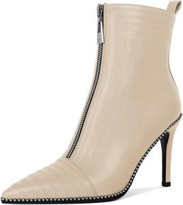 Женские модные ботильоны AUMOTED с заостренным носком, сексуальные на молнии, с украшением из бисера, вечеринка, вышивка, на высоком каблуке 3,7 дюйма, Matte Beige
