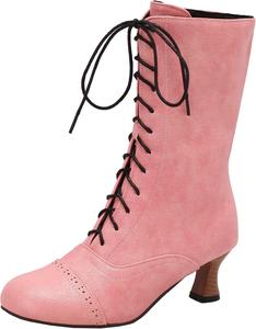 Женские элегантные ботильоны на шнуровке с круглым носком, ботильоны на молнии на блочном каблуке для удобного ношения XIEPP, Pink