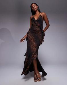 Платье макси ASOS DESIGN с сетчатым лифом и оборкой, с леопардовым принтом