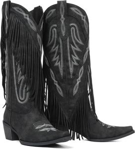 Женские ковбойские сапоги Mattiventon с бахромой до колена, вестерн-сапоги с классической вышивкой, заостренным носком и устойчивым каблуком для свадеб и вечеринок, Black