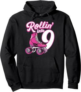 Толстовка с надписью «Rollin' Into 9 Roller Skates Girls Skates Hoodie» на 9-й день рождения для девочек Roller Girl Birthday Tees, черный