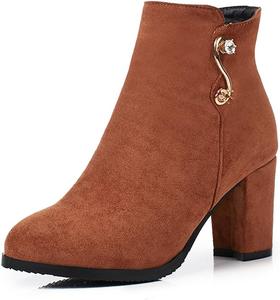 Женские ботильоны VOKLIN на массивном высоком каблуке с круглым носком, из веганской замши, с молнией, элегантные короткие ботинки, Tan-Velvet Lined