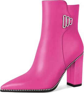 Younton Женские короткие ботильоны с заостренным носком, декорированные бусинами, массивным каблуком 3,7 дюйма и боковой молнией