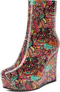 Женские лаковые ботильоны AMBELIGHT с молнией, на платформе, однотонные, с круглым носком, на клиновидном каблуке, средняя голень, 4 дюйма, Colorful Graffiti