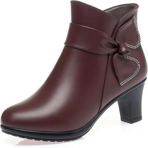 Женские кожаные ботильоны с круглым носком, широким каблуком, застежкой-молнией сбоку, модные, легкие, комфортные, с средним блочным каблуком, нескользящие, короткие ботинки для работы, свиданий и свадеб NXNBHSL, Brown