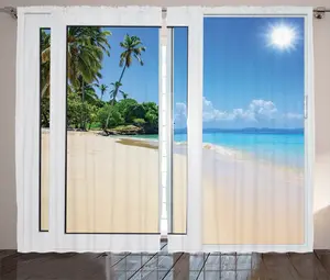 Штора ABAKUHAUS Океан Рустик, Пейзаж острова, Путешествия, универсальная ленточная штора для гостиной с петлями и крючками, 280 x 175 см, цвет: белый, кремовый, синий