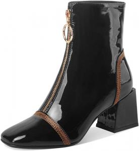 Женские ботильоны TinaCus из лакированной кожи с квадратным носком, ручной работы, с передней застежкой-молнией, средним массивным каблуком, модные, Black