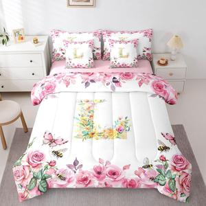 Erosebridal Комплект постельного белья Floral A-Z с монограммами для детей и подростков, цветочный принт, Pink Green Yellow