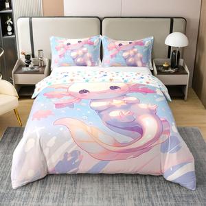 Erosebridal Комплект постельного белья Kids Cute Axolotl из 100% хлопка с мультяшными морскими животными и звездами, Pink,light Blue