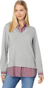 Женский хлопковый свитер Tommy Hilfiger с многослойным эффектом, Scarlet/Bop Check/Medium Heather Grey Multi