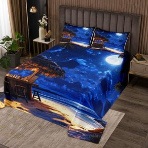 Erosebridal Комплект постельного белья Ocean Beach для детей с ярким принтом луны и звезд на пляжную тематику, Blue