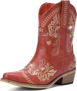 Женские ковбойские сапоги - западные вышитые ковбойские сапоги с блестящими стразами, заостренный носок, массивный каблук, боковая молния, винтажные короткие ботильоны, женские модные ретро-ботильоны до щиколотки в стиле кантри Rivalran, Red