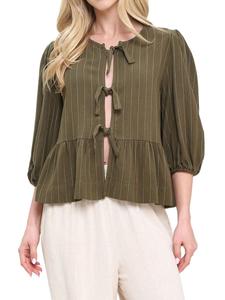 Полосатый льняной топ с завязками спереди Renee C., оливковый