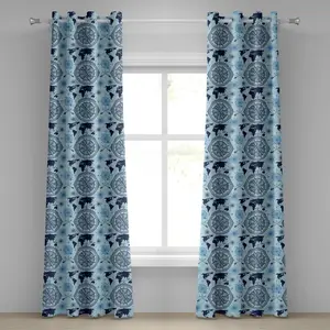 Штора на люверсах ABAKUHAUS Компас, узор Карта мира, винтажные стрелы и роза ветров, континентальная грязь, декоративные двухпанельные шторы, 280 см x 245 см, цвет бледно-голубой индиго Abakuhaus