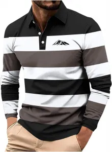 Мужская полосканая рубашка с цветными блоками и воротником на пуговицах, длинный рукав, свободный крой, для гольфа и спорта