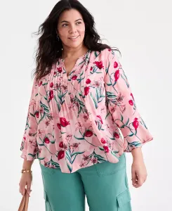 Блузка больших размеров с V-образным вырезом и манжетами-оборками Style & Co, розовый