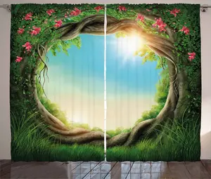 Штора ABAKUHAUS Дерево в деревенском стиле, Зачарованный весенний лес, универсальная ленточная штора для гостиной с петлями и крючками, 280 x 245 см, цвет: зеленый, какао, розовый Abakuhaus