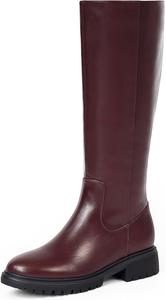 Женские сапоги до колена с круглым носком, модные высокие сапоги для верховой езды, массивная платформа, длинные плоские сапоги с боковой молнией, низкий каблук, ботинки на осень VIUGJNEX, Burgundy