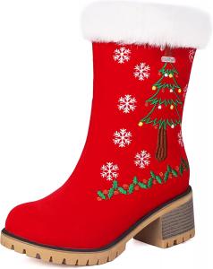 Сладкие зимние женские ботинки с рождественским дизайном на массивном каблуке из замши с меховой отделкой Taxutixieye, 64 Red
